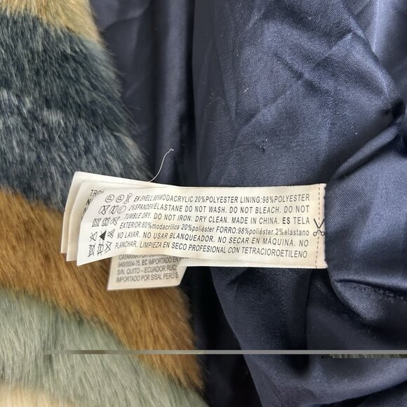 Forever 21 Faux Fur Colorful Chevron Hooded Coat  Unique Mob Wife Retro Bold M - Picture 11 of 13